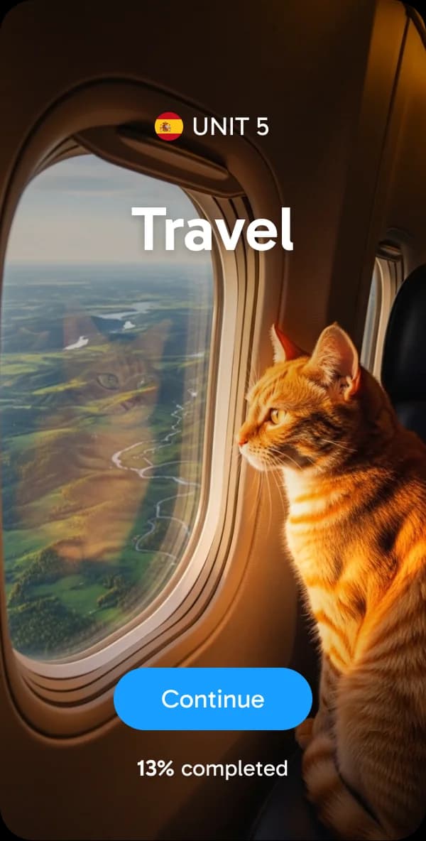 Unit screen in the Rosetta Stone Sapphire product for the Travel unit, with a background image of a cat looking out an airplane window.