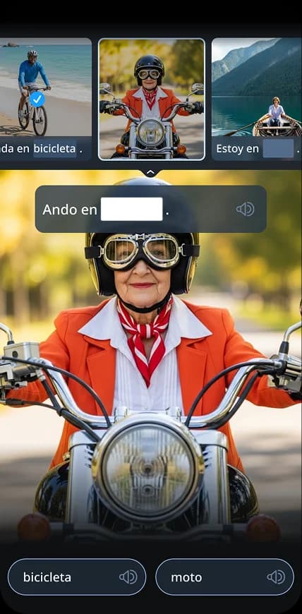 Rosetta Stone mobile app showing an image-matching exercise with photos of a man on a bicycle, a woman on a motorcycle, and another woman on a boat, with Spanish vocabulary words displayed below.