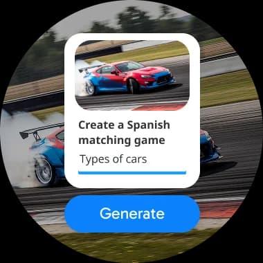 A UI prompt card reading 'Create a Spanish matching game – Types of cars' with a Generate button, overlaid on a photo of a race car on a track, showing a custom activity creation tool.