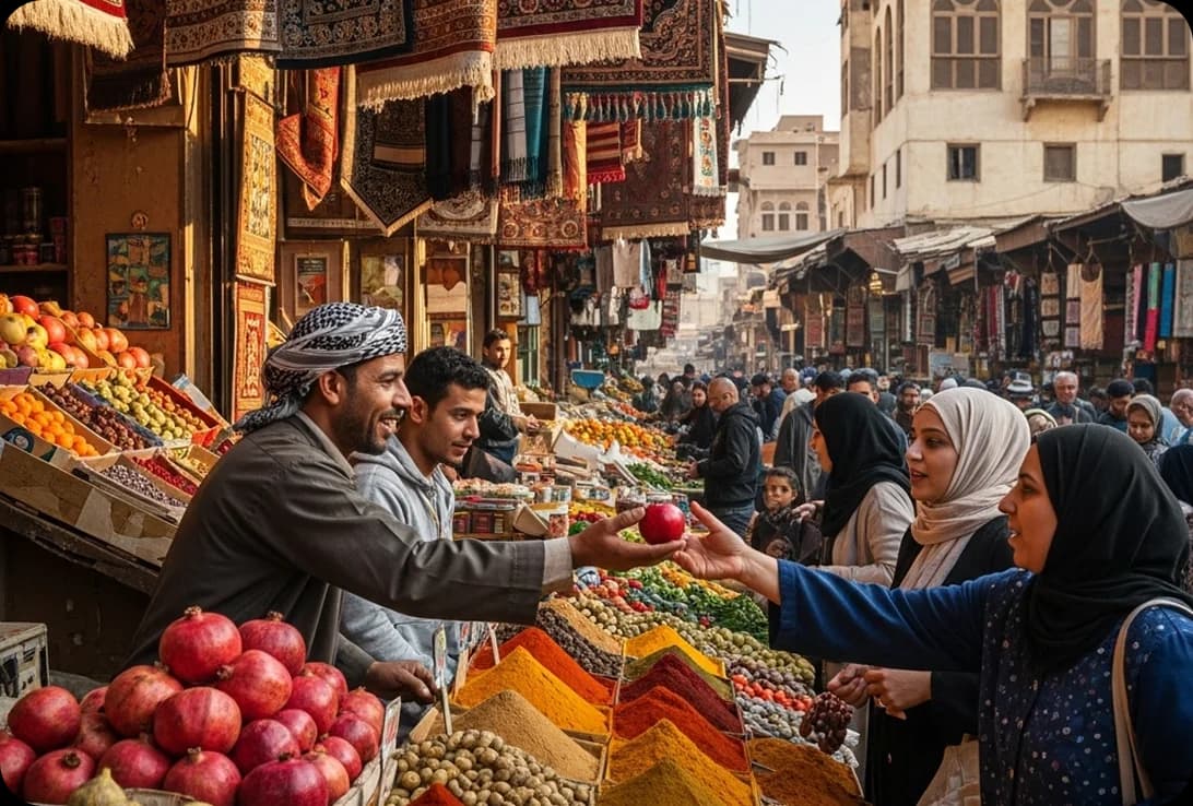 Locals conversing in Arabic and buying fruit at a local market.