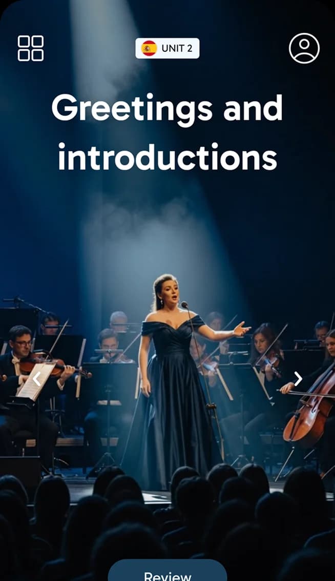 Screenshot of the Rosetta Stone Sapphire app showing a lesson card titled 'Greetings and introductions' for Spanish Unit 2, featuring a woman in a blue evening gown on a dark background.