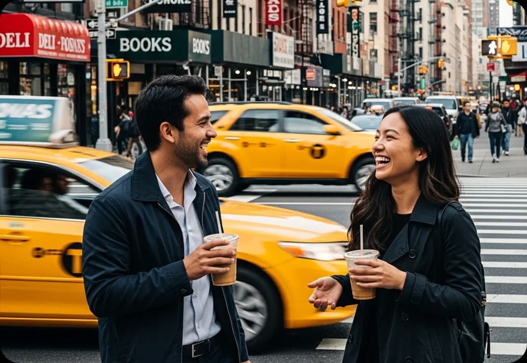 Two friends outside in a busy American city.