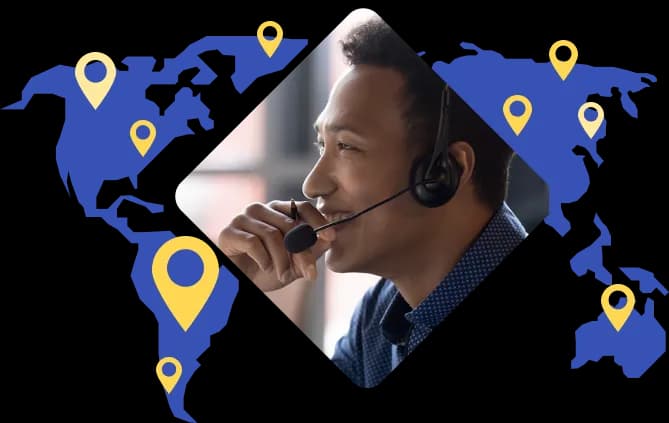 Customer manager depicted above world map to illustrate Rosetta Stone's strong global customer support network.