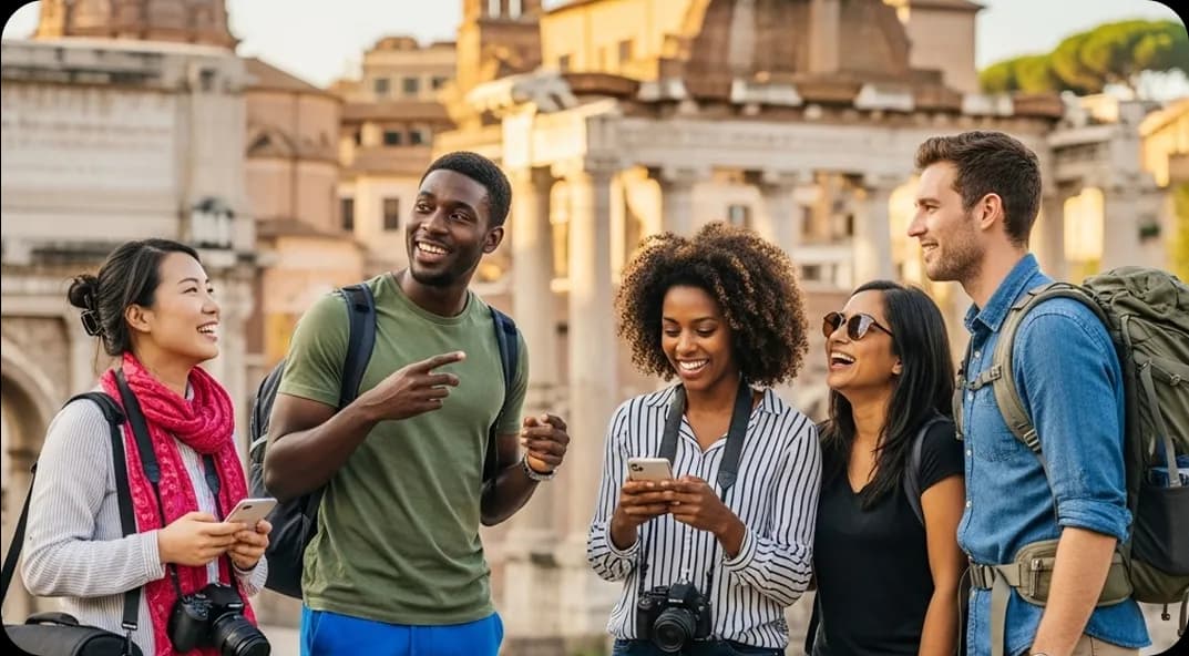 Five tourists in Rome explore ancient monuments.