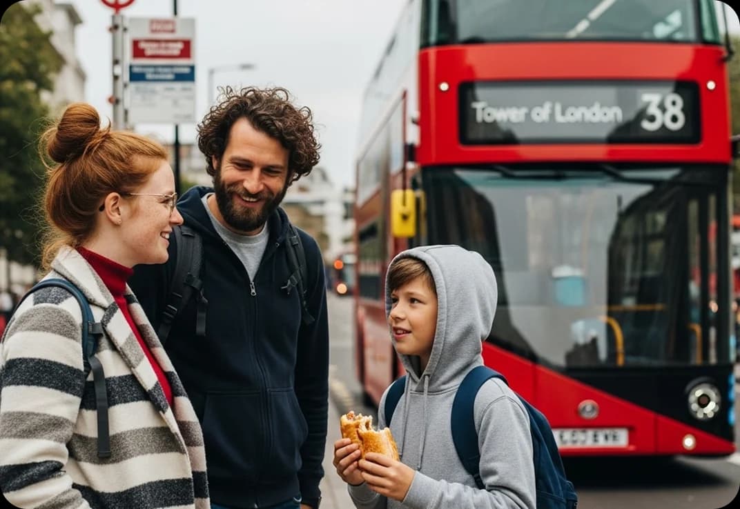 A young family at a classic red double-decker bus stop in London.