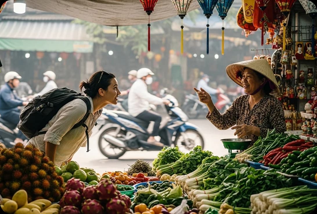 A traveler speaking Vietnamese with a street vendor at a bustling market in Hanoi’s Old Quarter.