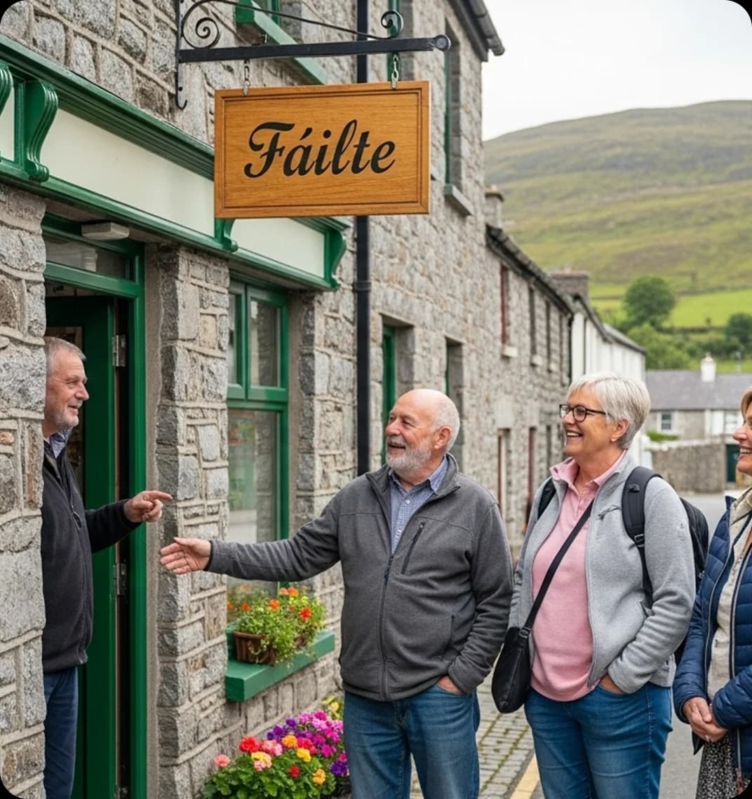 A small group visiting a traditional Irish village, speaking Irish with a local shop owner or guide.