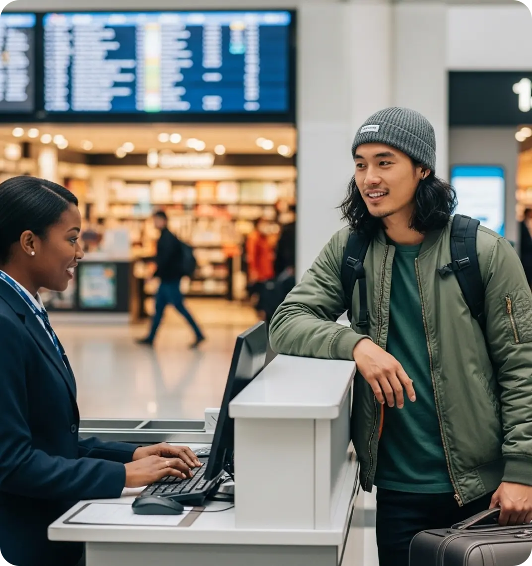 A traveler using English at an airport.