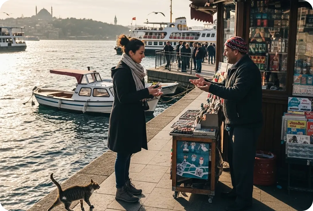 A traveler asking for directions in Turkish from a local shopkeeper by the Bosphorus Strait in Istanbul.