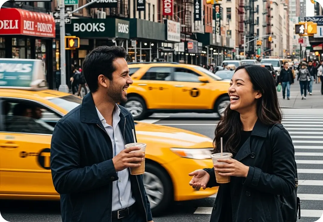 Two friends outside in a busy American city.