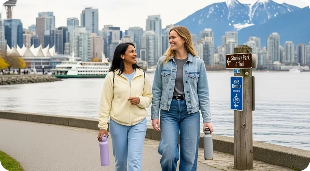 Two friends speaking English outside on a Canadian waterfront.